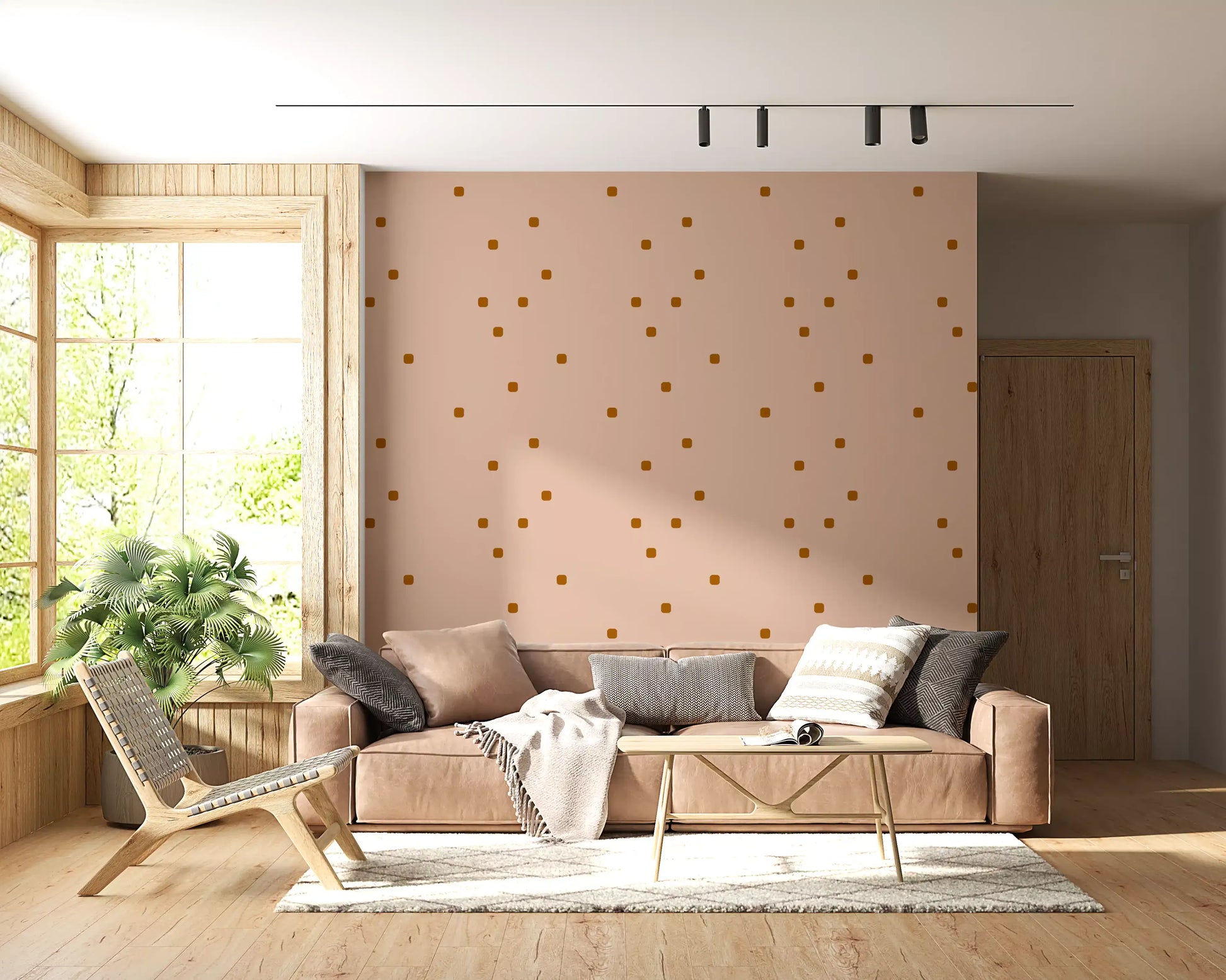 Living room using polka dot wallpaper with clean retro minimal spacing