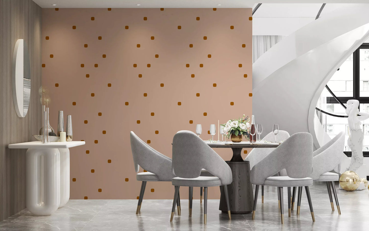 Retro minimal wallpaper featuring rounded brown dots and blush background