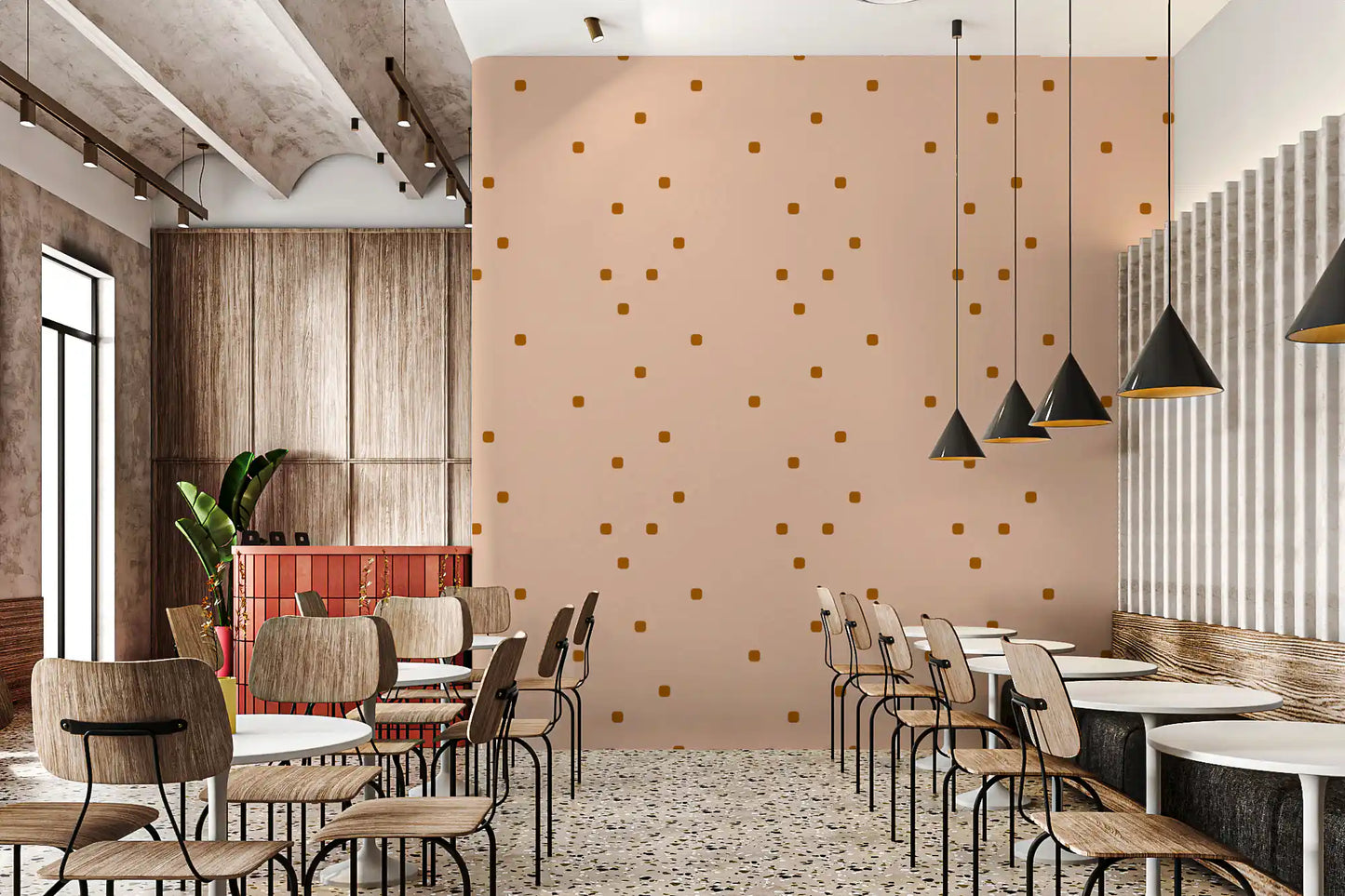 Cafe area wall featuring retro minimal wallpaper in a pale peach-beige tone