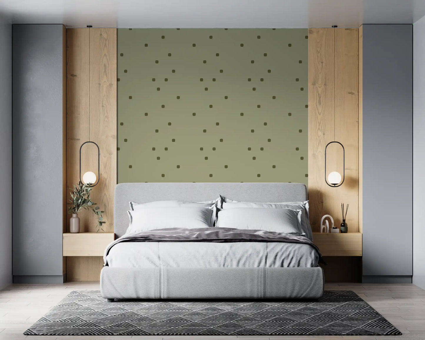 Bedroom with Sage Green Polka Dot Wallpaper and calm rounded shapes