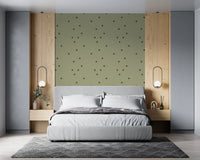 Bedroom with Sage Green Polka Dot Wallpaper and calm rounded shapes