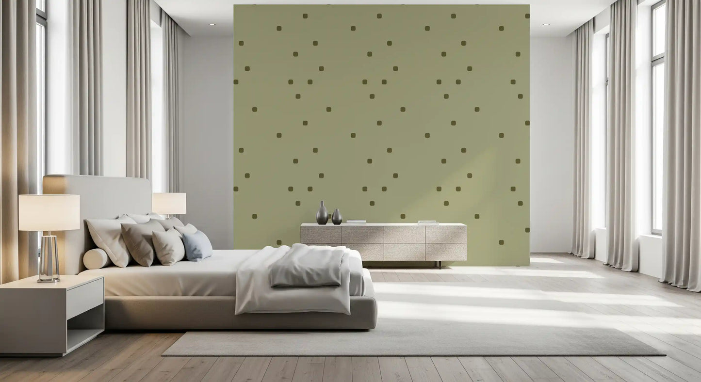 Organic retro wallpaper featuring muted sage colour and rounded dot forms