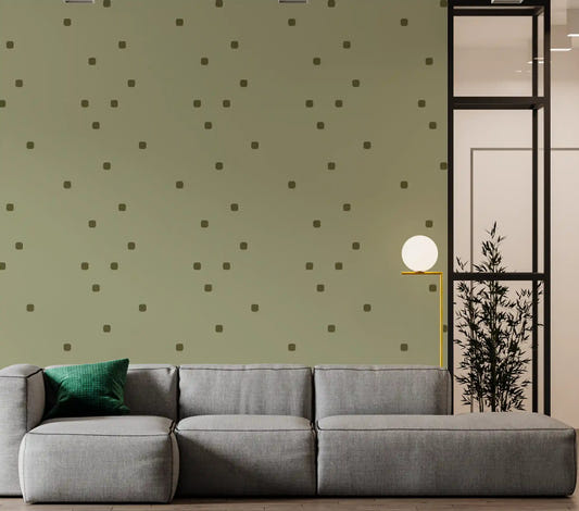 Living room with Sage Green Polka Dot Wallpaper in an organic retro pattern