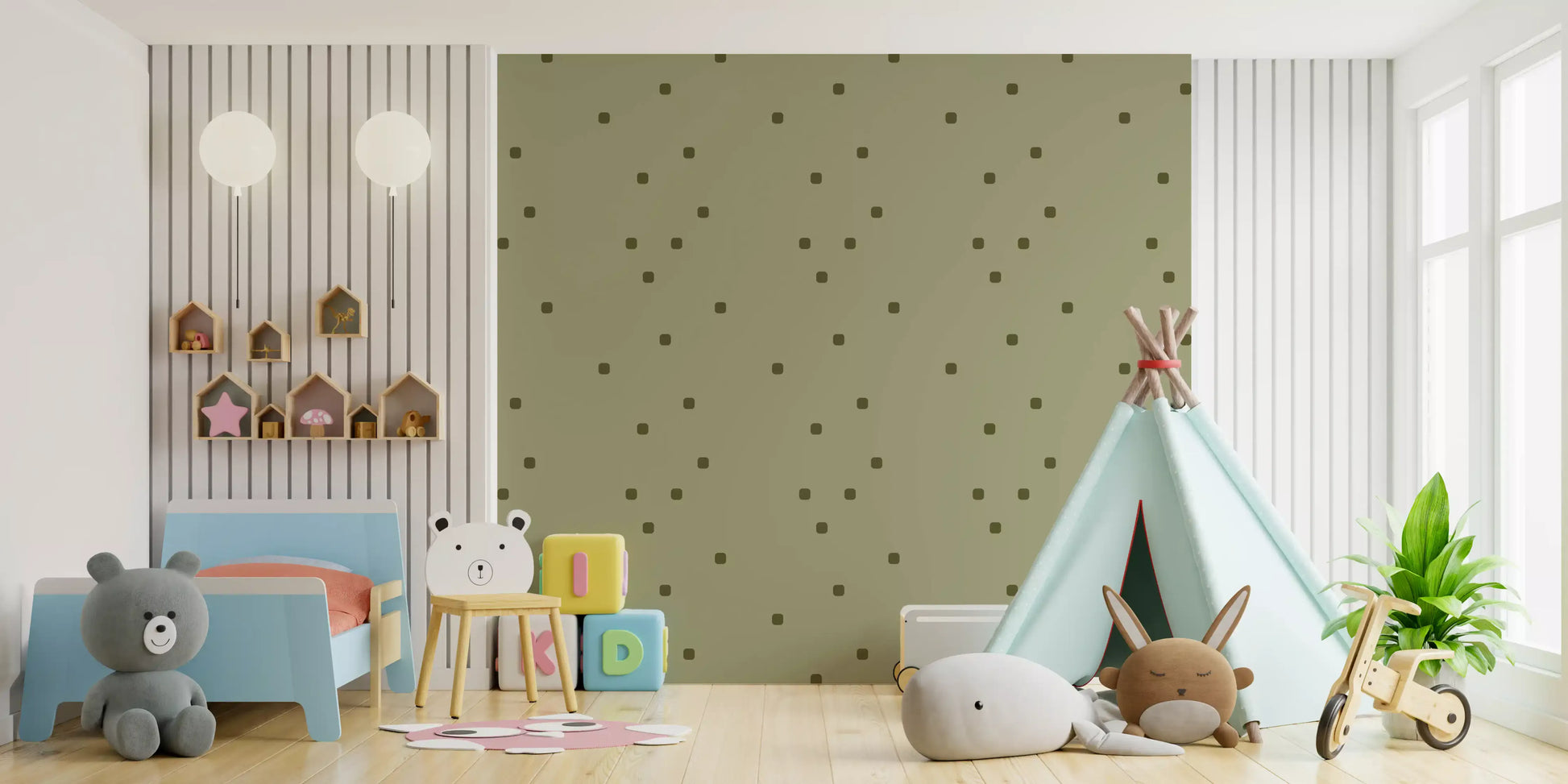 Sage dot wallpaper with clean spacing and a relaxed retro surface