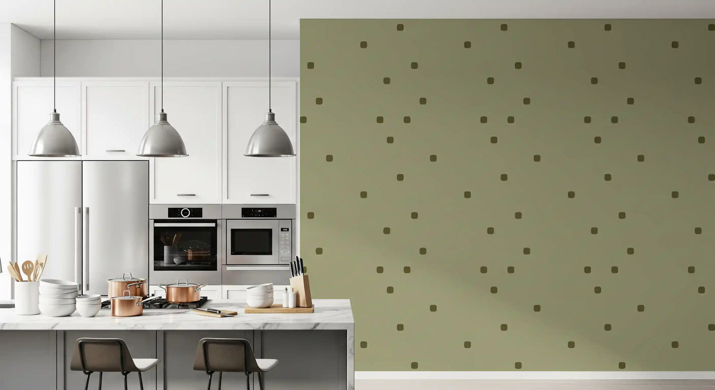 Retro dot wallpaper with muted sage tones and an airy patterned finish