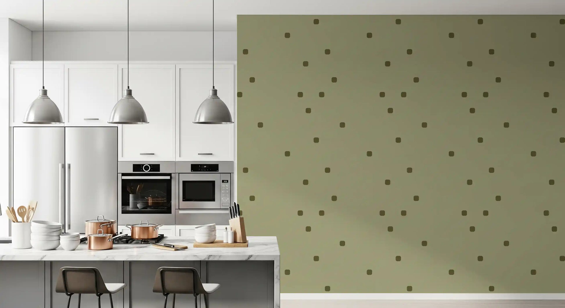 Retro dot wallpaper with muted sage tones and an airy patterned finish