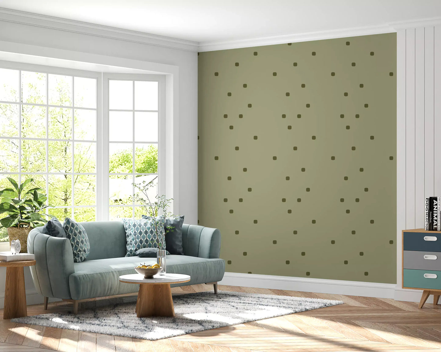 Green polka wallpaper showing soft rounded motifs and easy visual rhythm