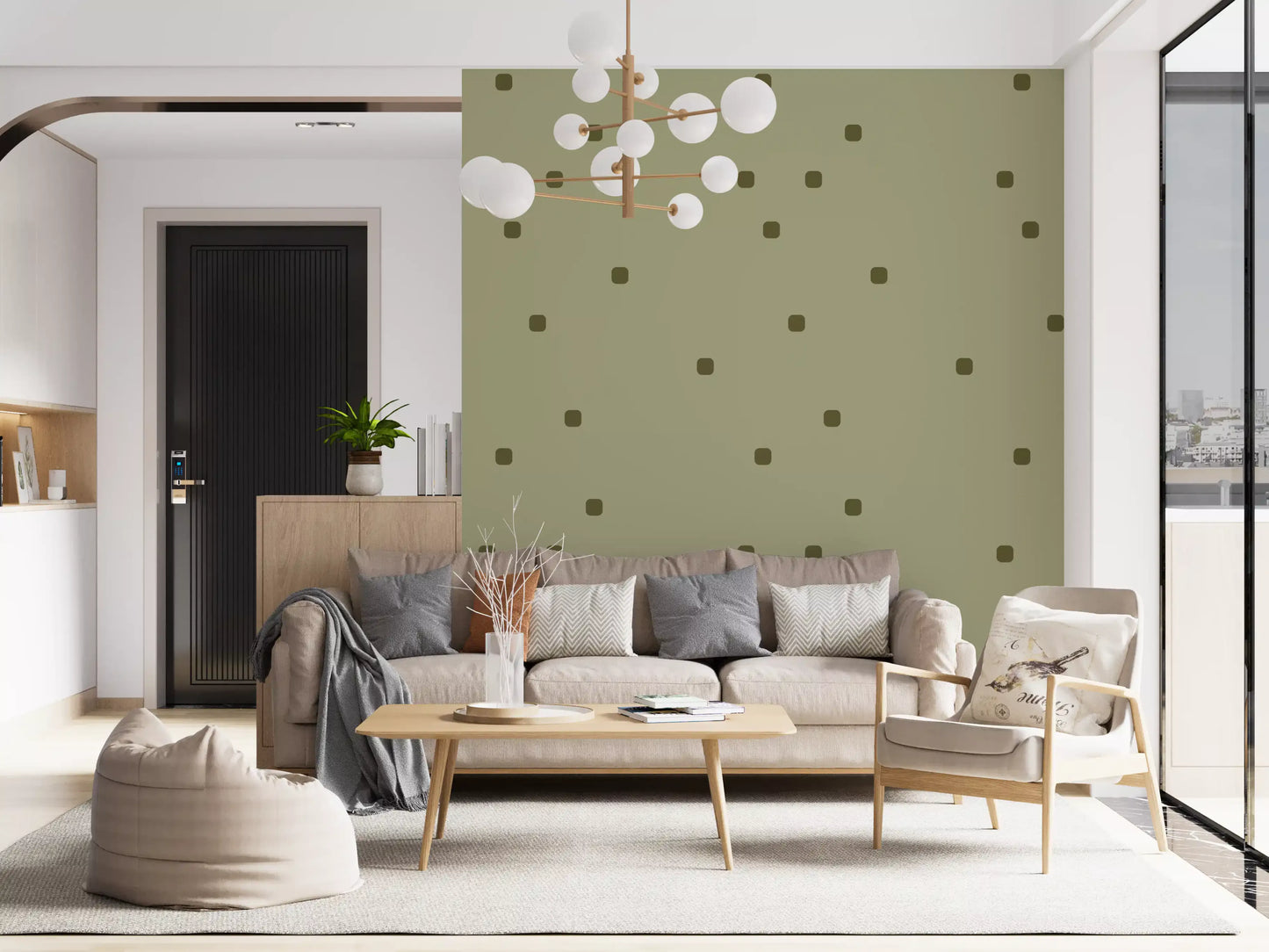 Living room using polka dot wallpaper in a soft sage retro layout