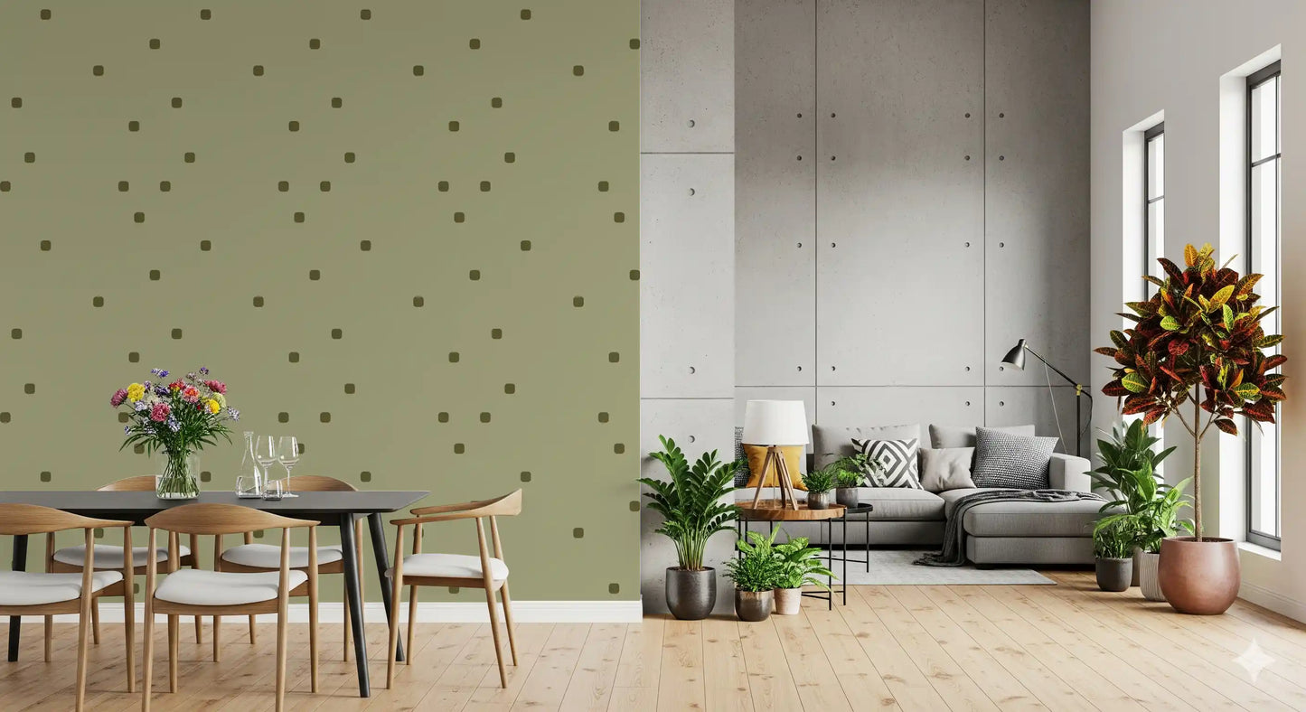 Hallway wall featuring Organic Retro Wallpaper and muted sage dots