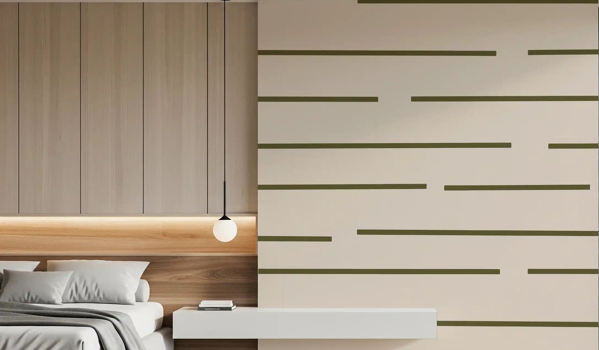 Bedroom wall using Olive Green Wallpaper and slim linear detailing