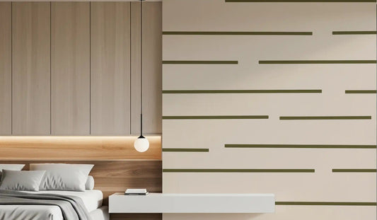 Bedroom wall using Olive Green Wallpaper and slim linear detailing