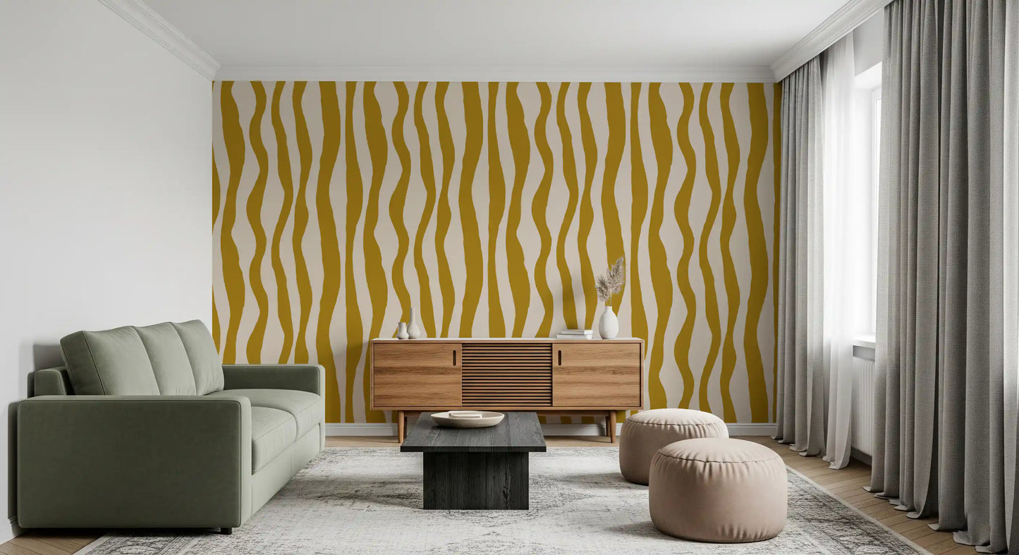 Retro stripe wallpaper featuring golden waves and soft neutral breaks