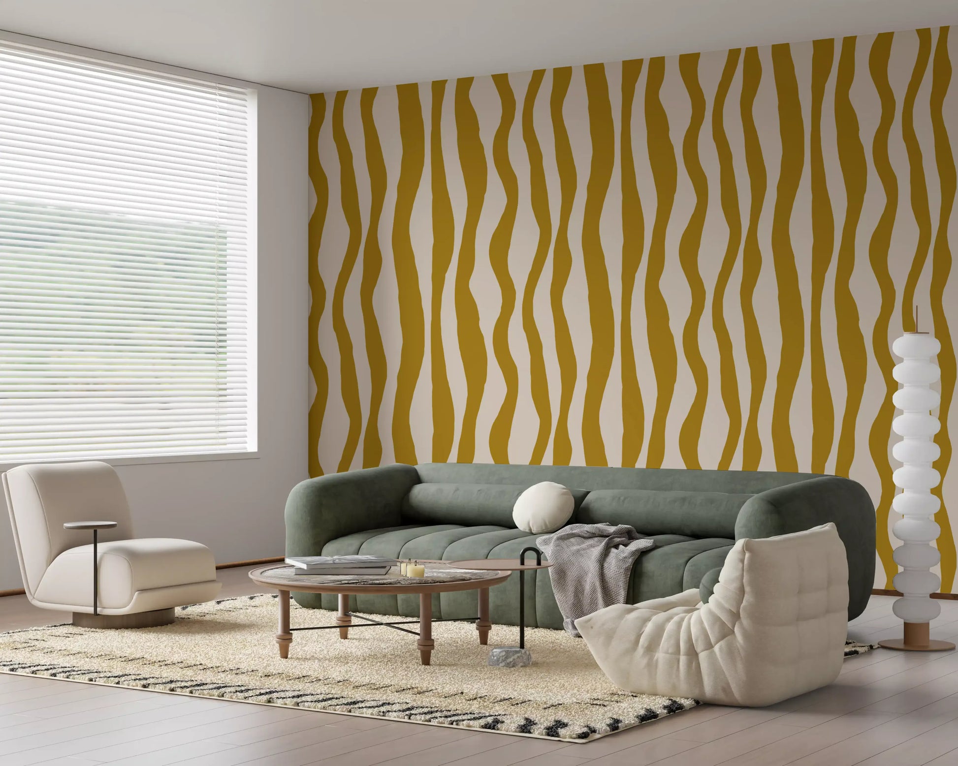 Golden stripe wallpaper showing handmade-style curves and warm tone