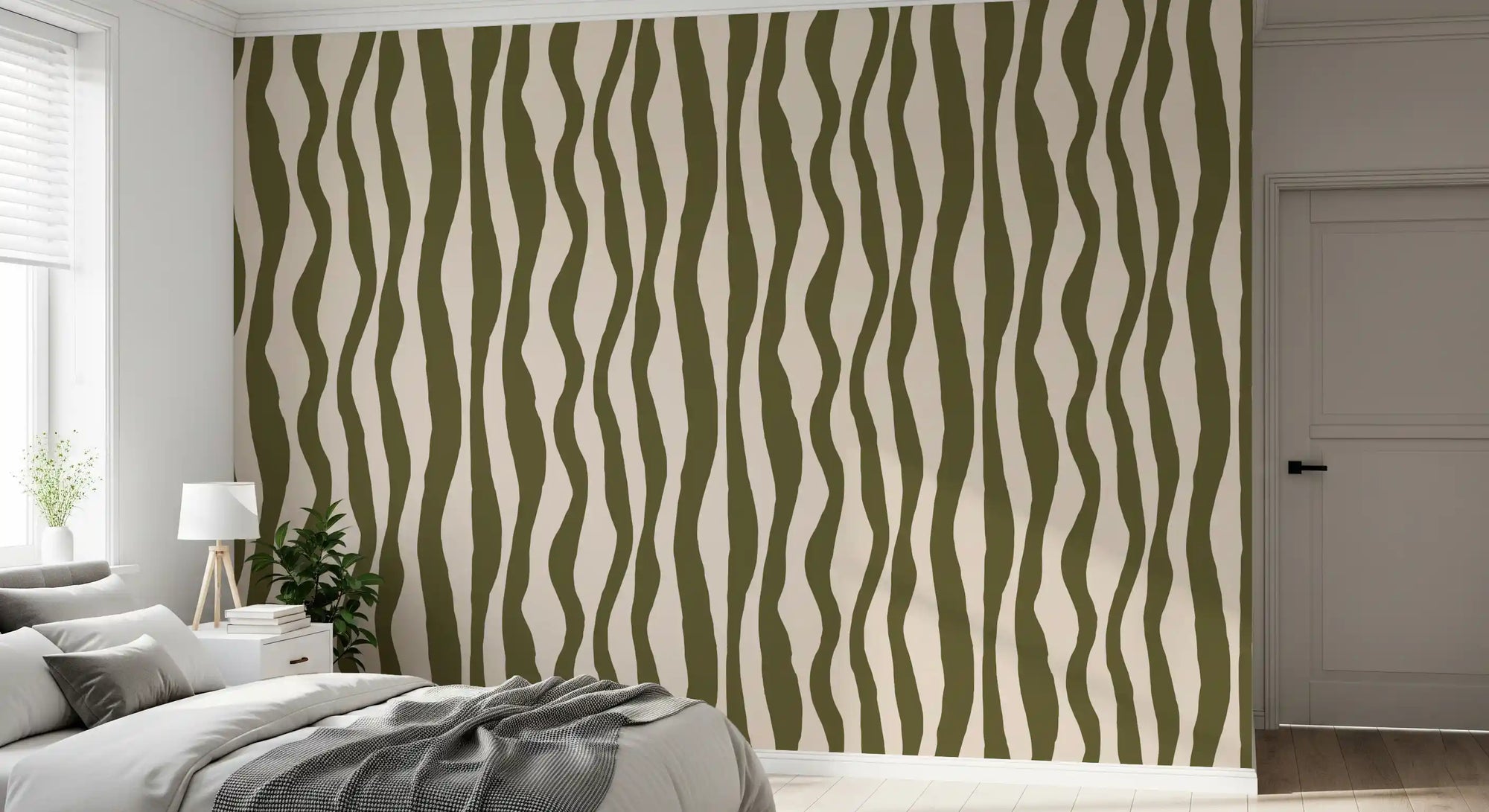 Bedroom Sage Green Wavy Stripe wallpaper with soft curved bands