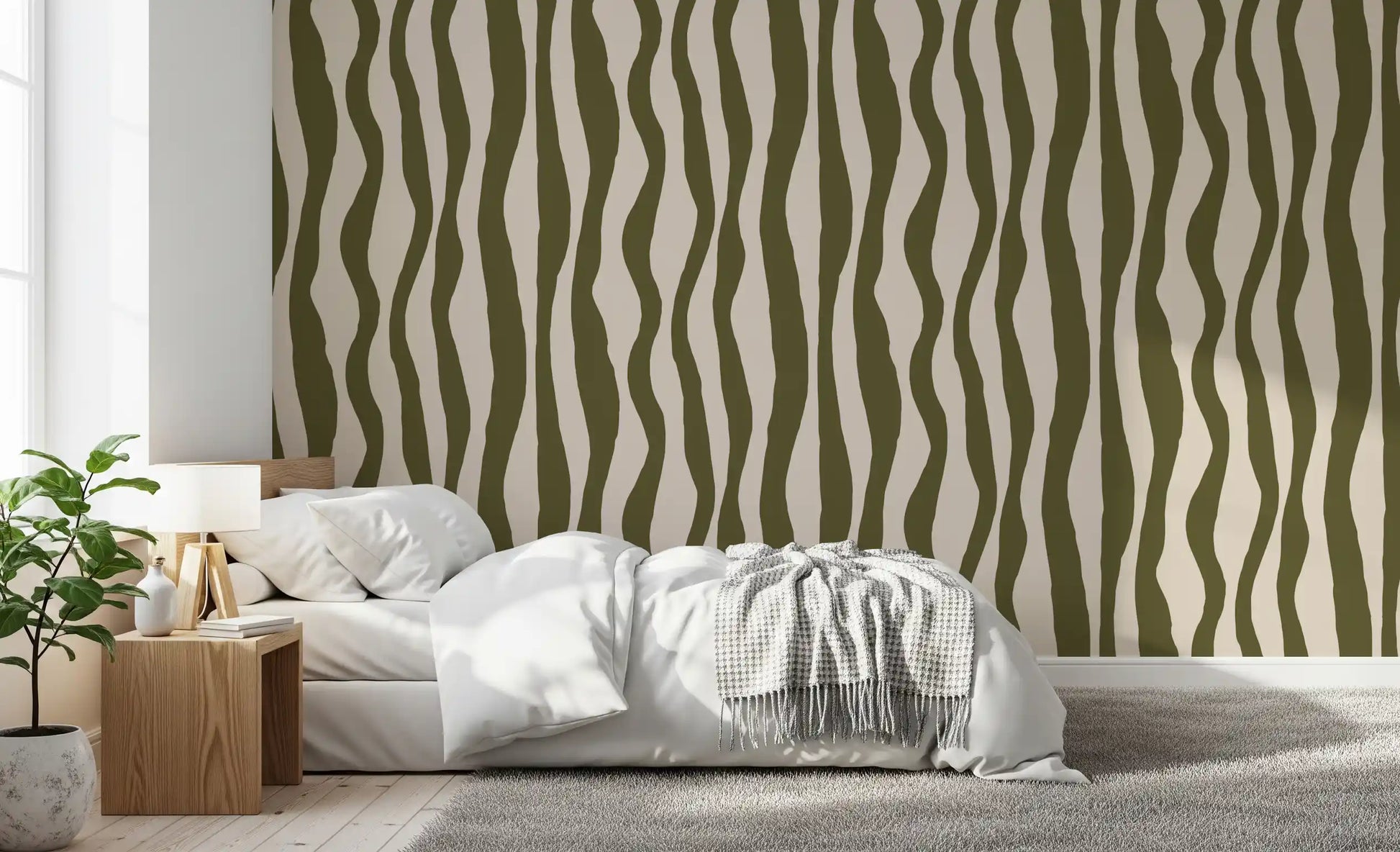 Boho wallpaper featuring muted sage waves and airy pattern balance