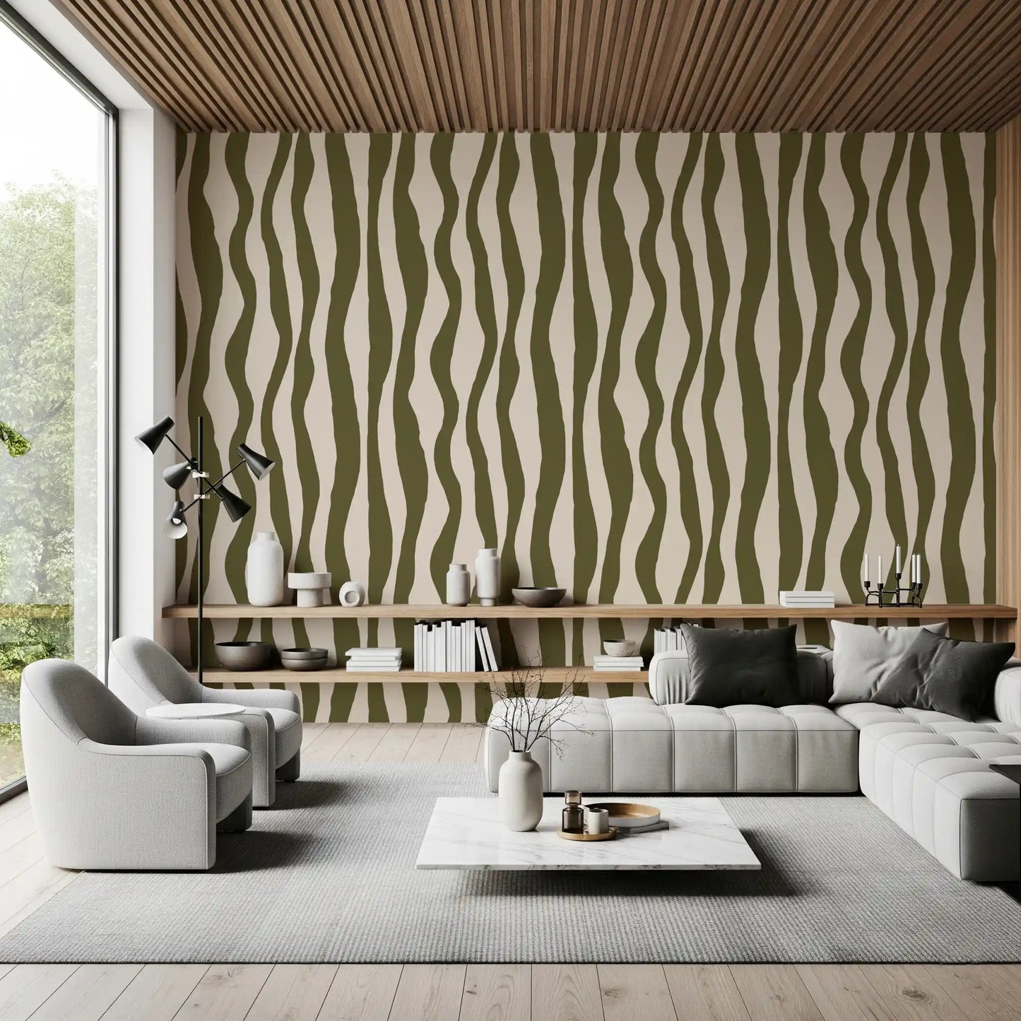 Hallway Sage Stripe Wallpaper with loose vertical pattern movement