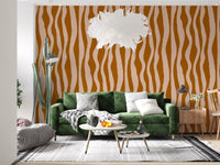 Living room with Terracotta Pink Wallpaper in a loose striped pattern