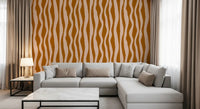 Living room with Terracotta Pink Wavy Stripe Wallpaper in a retro boho look