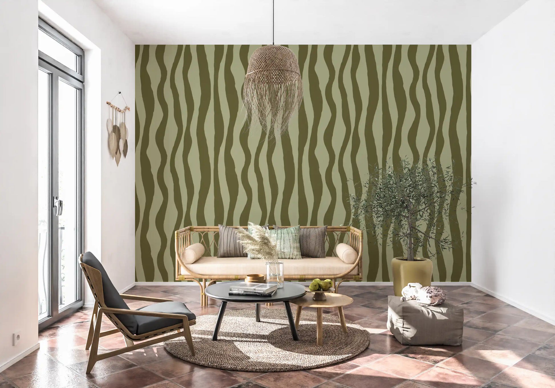 Office wall Olive Stripe Wallpaper with soft wavy green linework