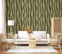 Living room Wavy Stripe Wallpaper in muted olive and sage green tones