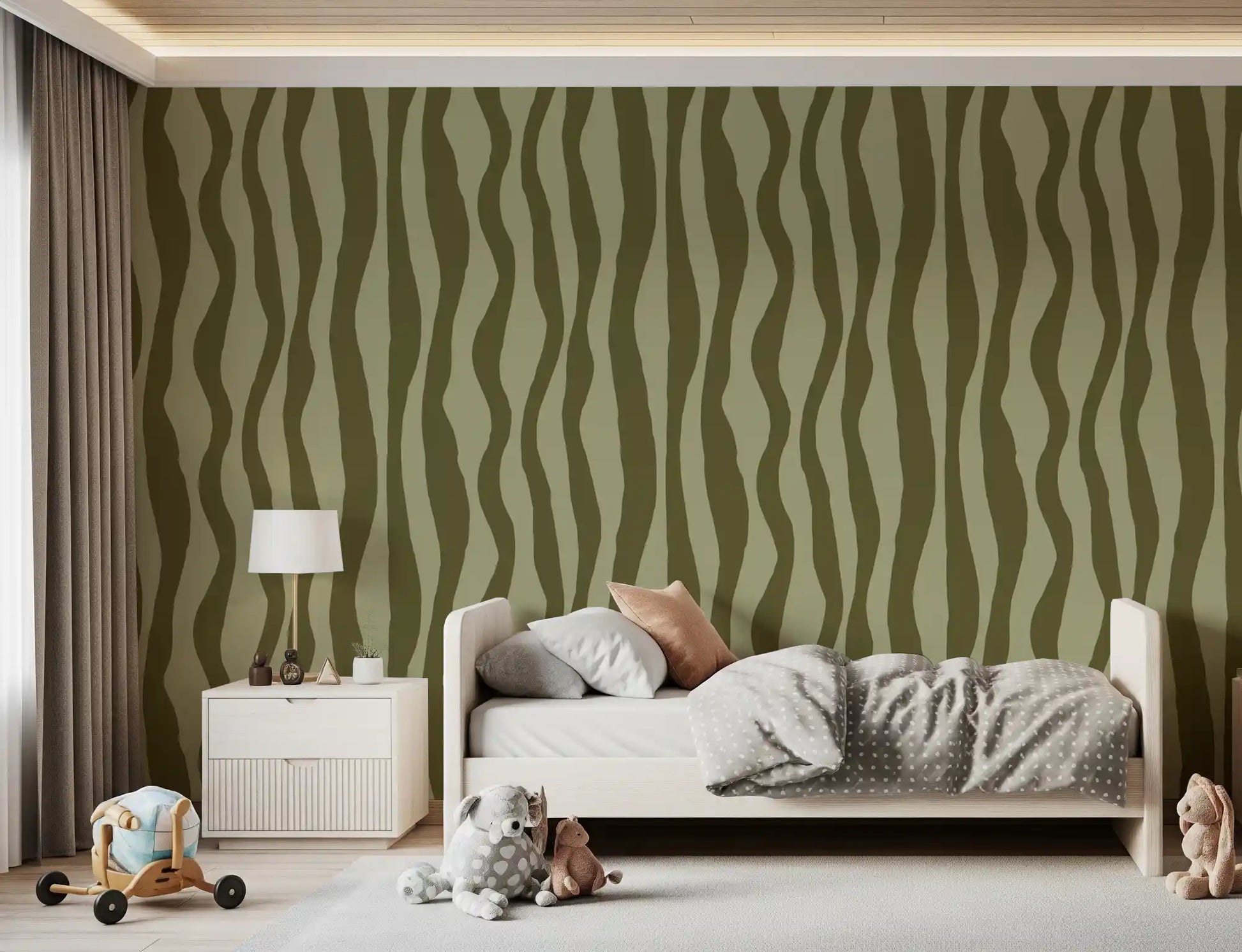 Organic stripe wallpaper showing sage and olive wavy pattern detail