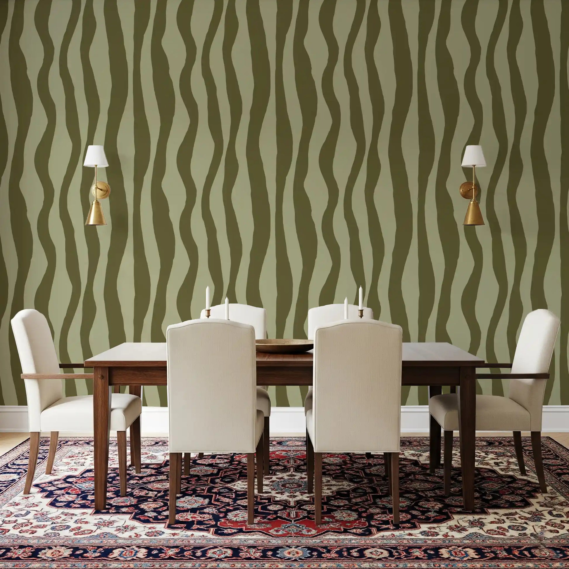 Olive retro wallpaper featuring irregular stripes and earthy color balance