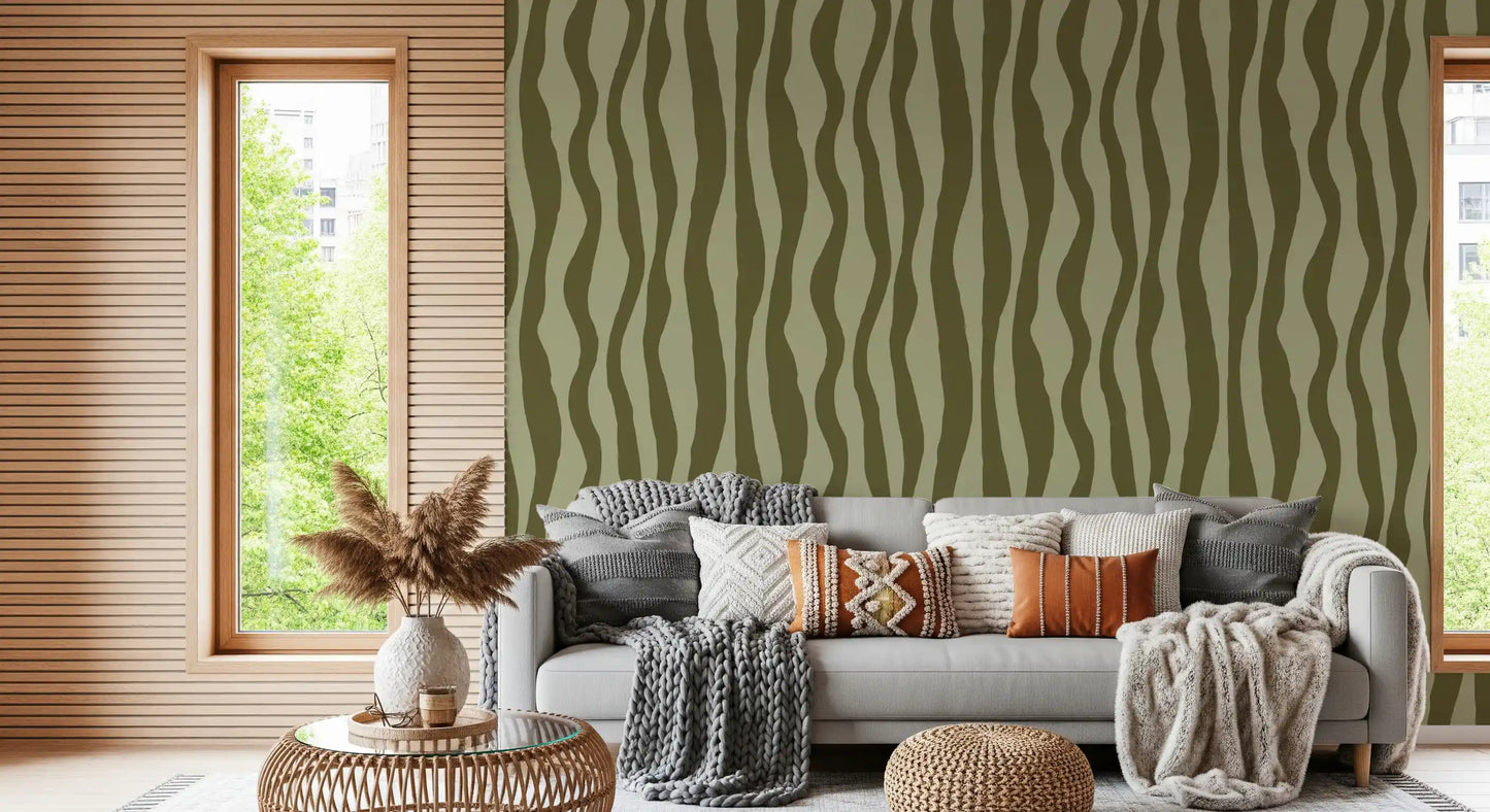Retro green wallpaper with flowing stripes and soft handmade character