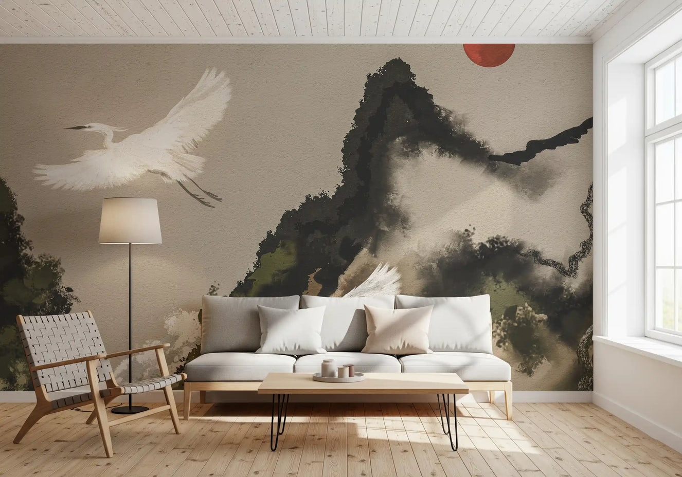 Murale da parete paesaggio giapponese acquerello Sumi con gru e sole Ink Wash