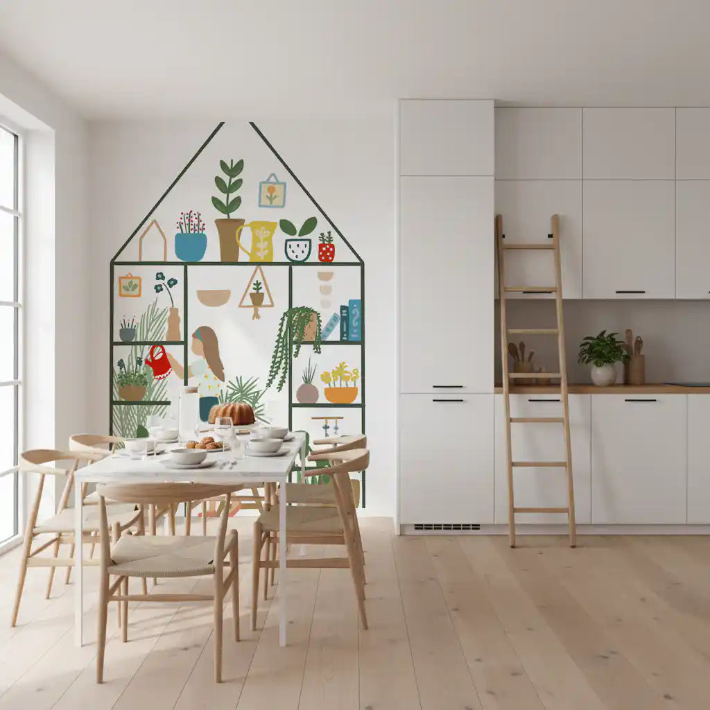 Indoor plant wall mural with hanging leaves and greenhouse-inspired artwork