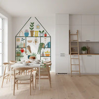 Indoor plant wall mural with hanging leaves and greenhouse-inspired artwork