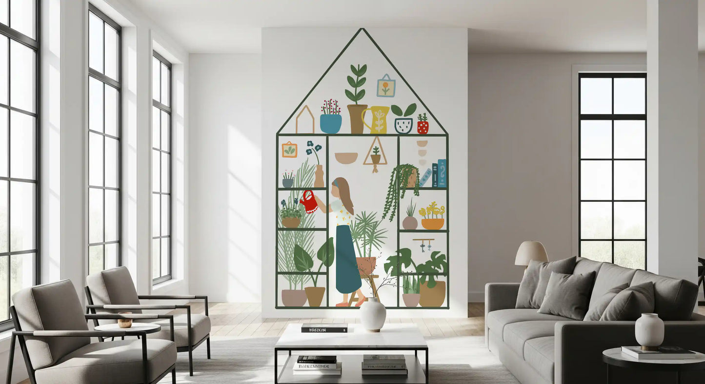 Hallway wall mural showing leafy pots, hanging plants, and soft garden art