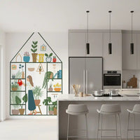 Kitchen area wall mural with botanical shelves, greenery, and plant house detail