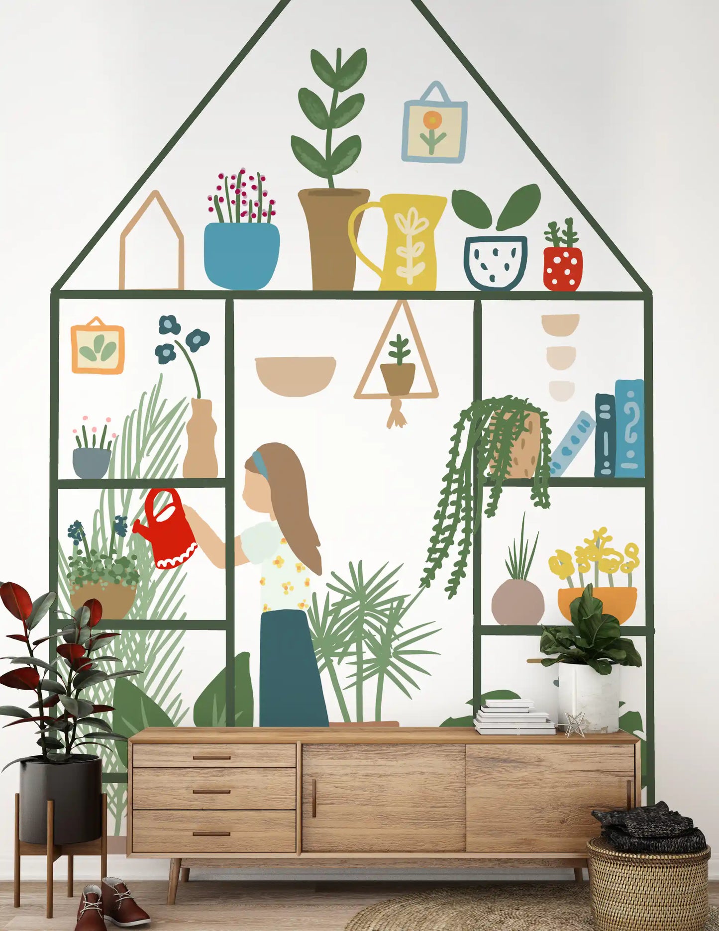 Botanical wall mural showing greenhouse frame, plant pots, and trailing leaves