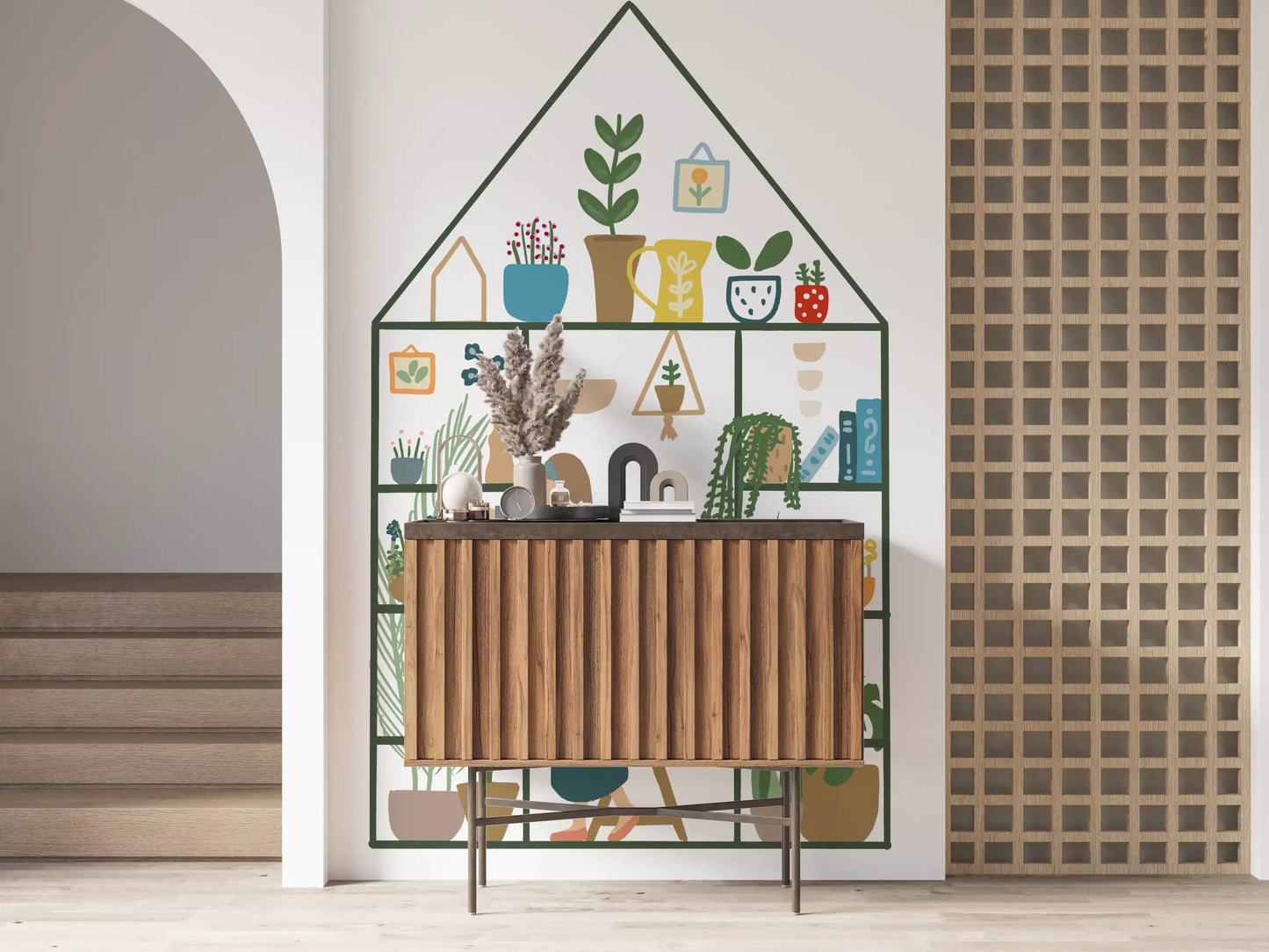 Nursery wall mural with gentle greenhouse plants and soft illustrated styling