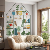 Greenery wall mural featuring potted plants and soft illustrated garden charm
