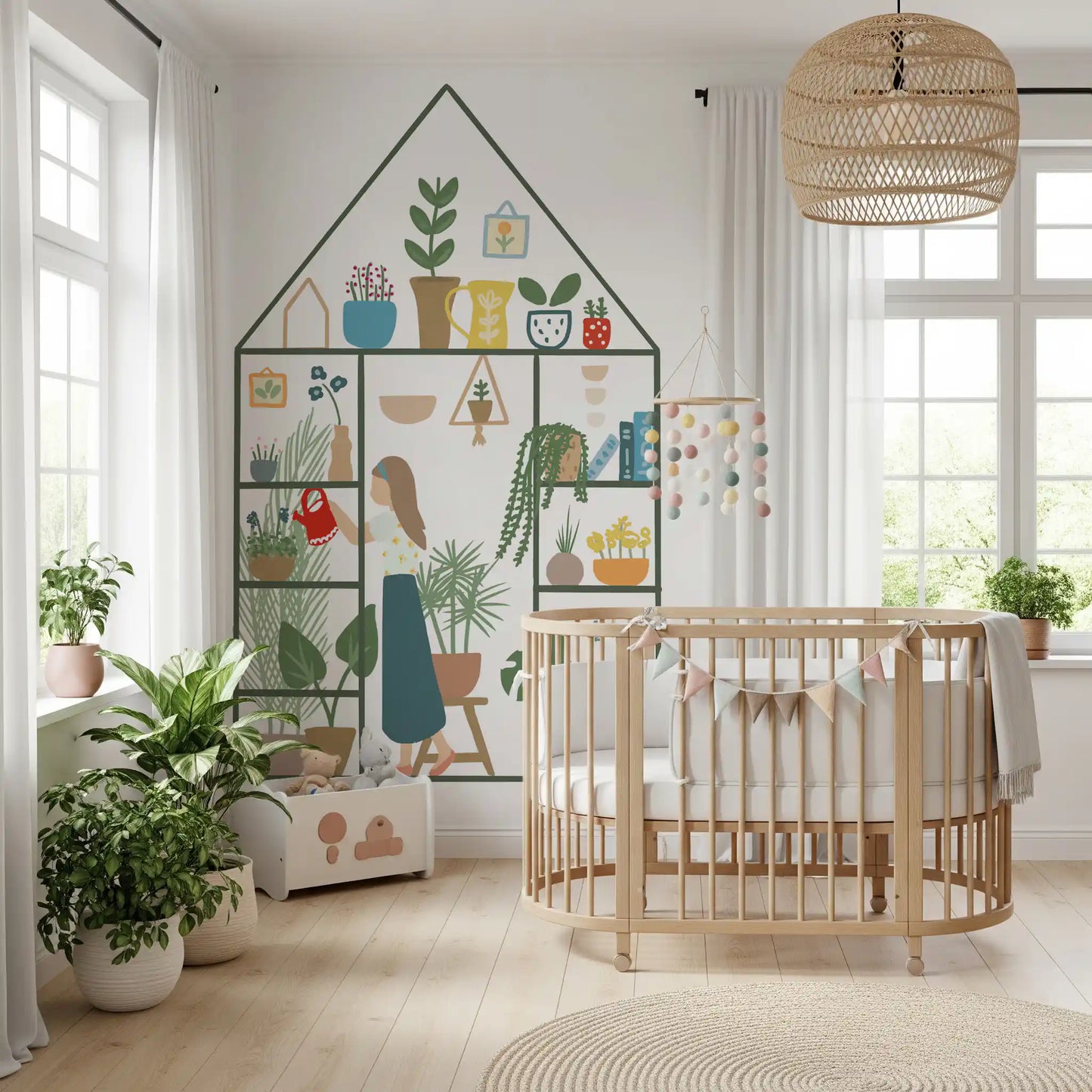 Kids room wall mural featuring indoor garden artwork and potted leaf accents