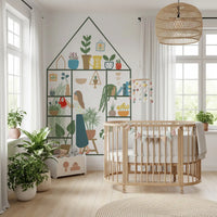 Kids room wall mural featuring indoor garden artwork and potted leaf accents