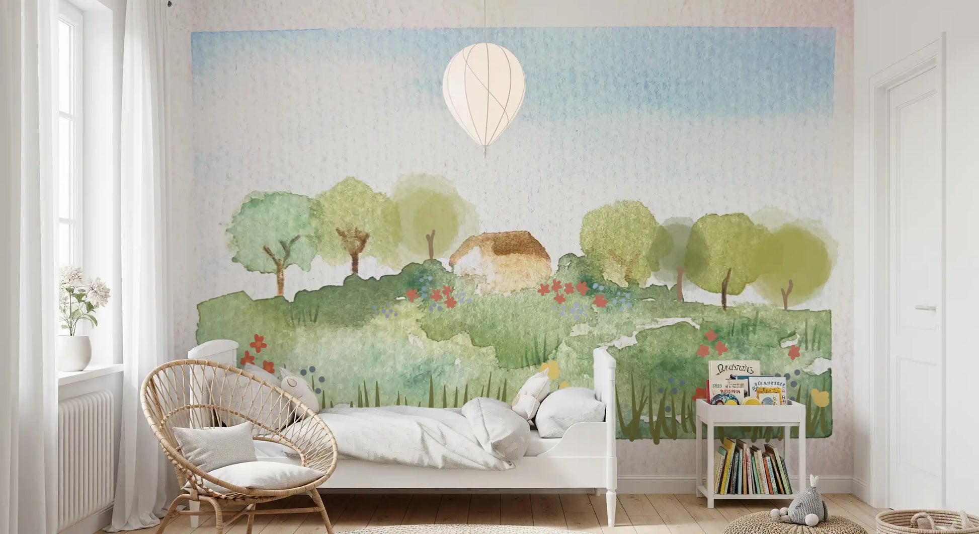 Country home mural showing soft green fields and small floral accents