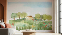 Hallway Watercolor Country Home wall mural with meadow flowers