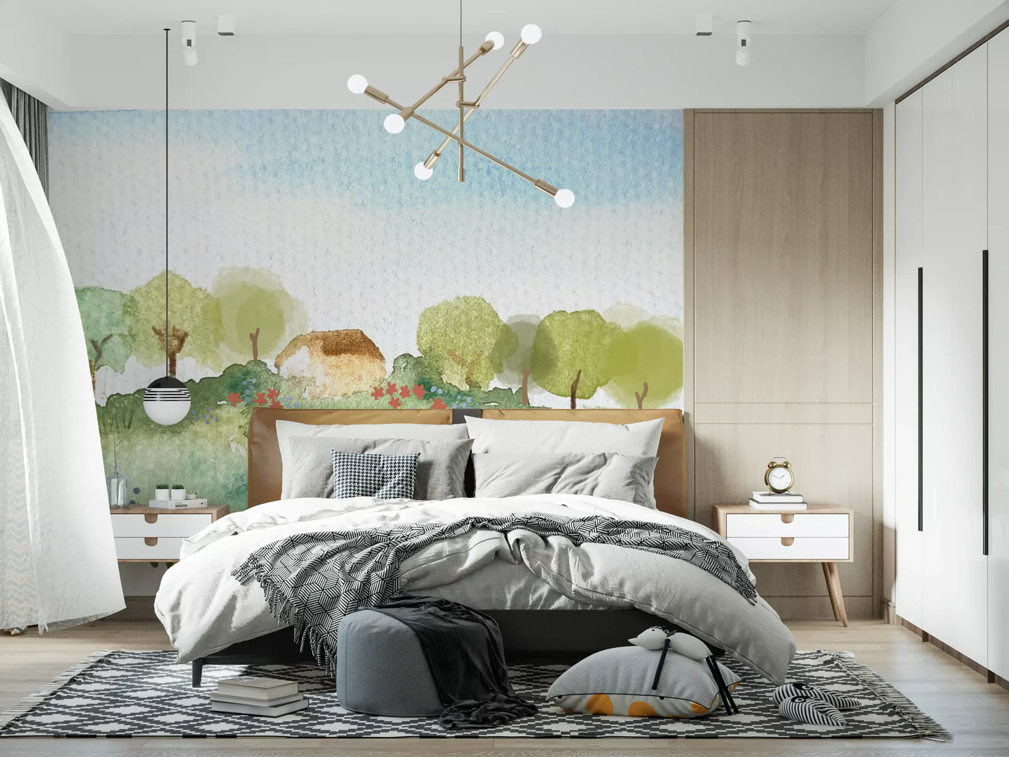 Cottage wall mural featuring soft greenery and a hand-painted country view