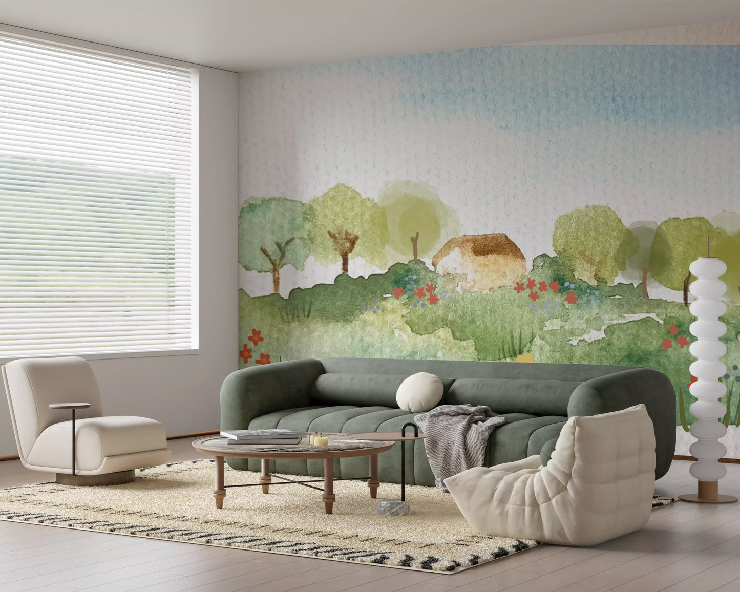 Watercolor landscape wall mural with cottage scene and fresh tree shapes