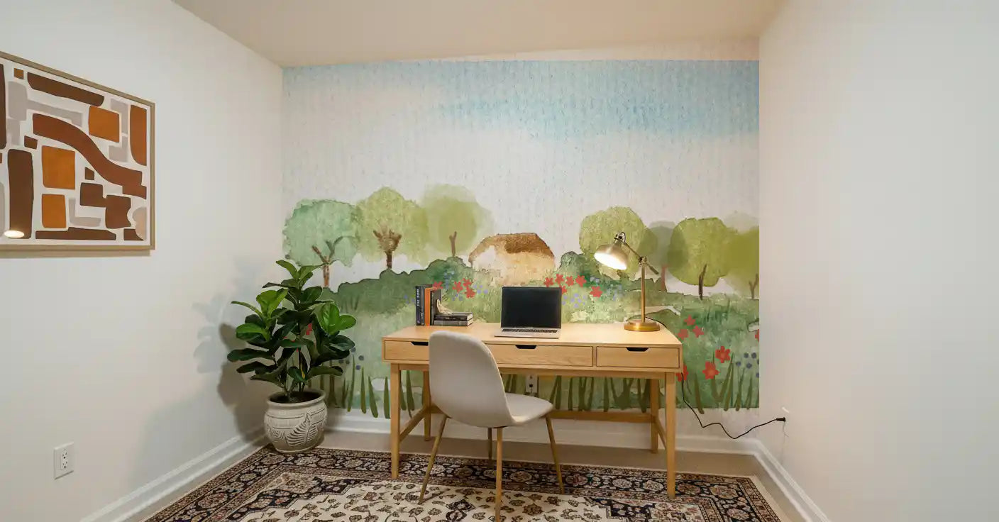 Meadow wall mural with rural house artwork and delicate flower details