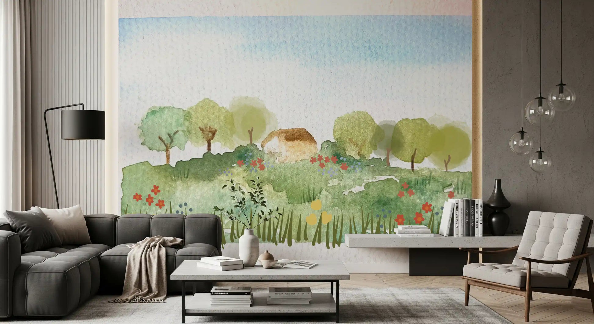 Office room Watercolor Country wall mural with calm cottage scenery