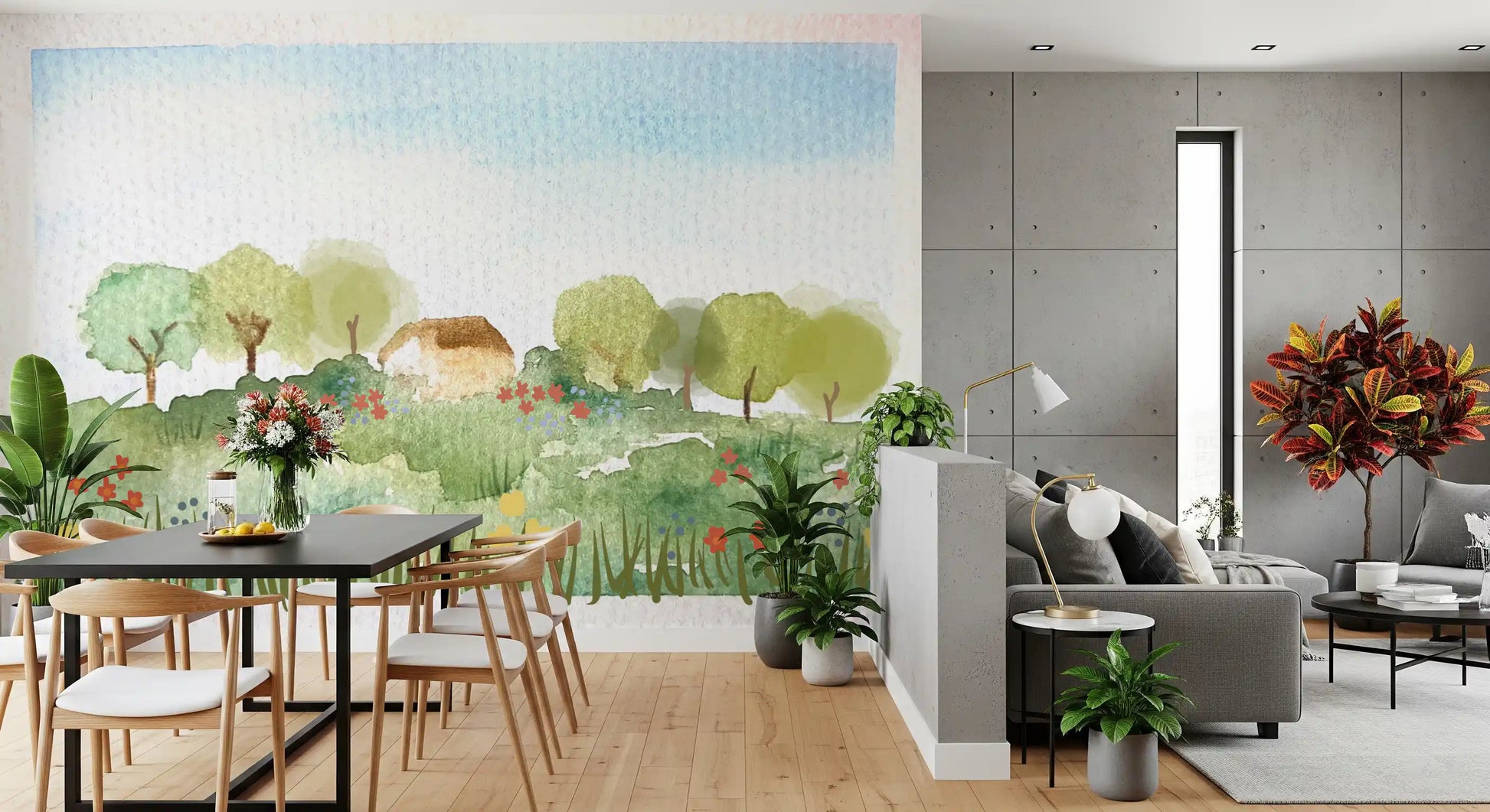 Watercolor Country Home Wall Mural with house, trees, and meadow plants