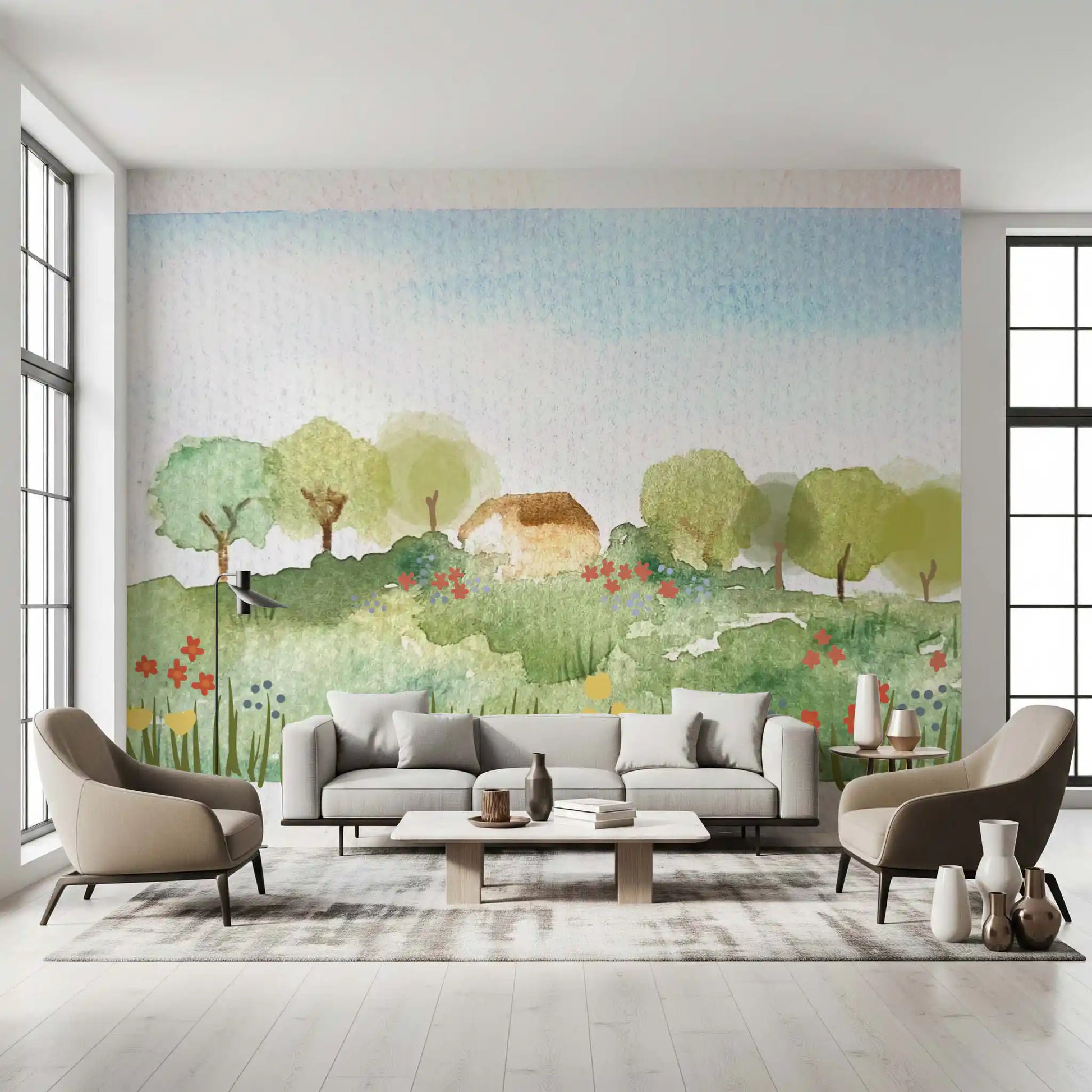 Living room Watercolor Wall Mural with cottage view and gentle field detail