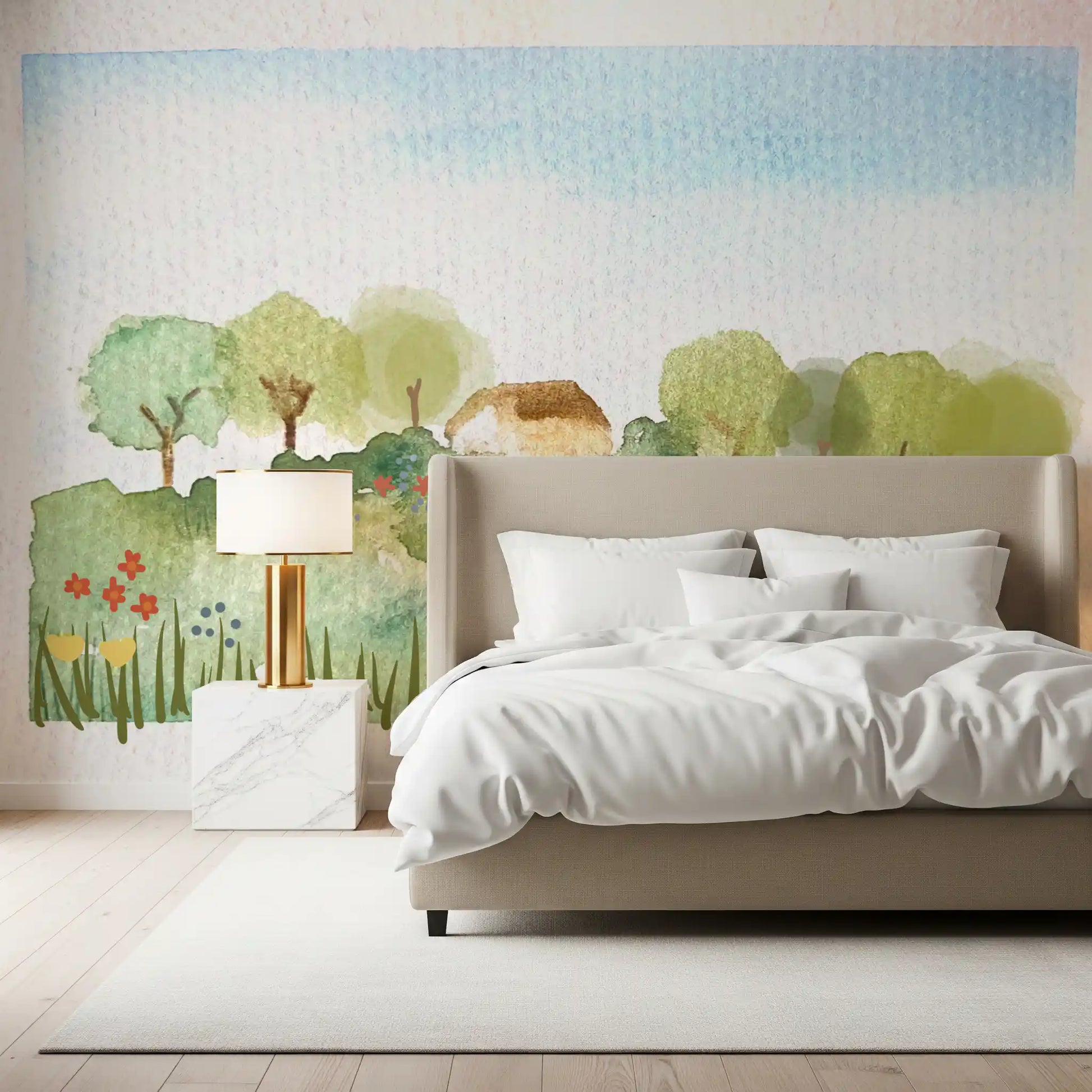 Bedroom Country Landscape Mural featuring grass, blooms, and blue sky