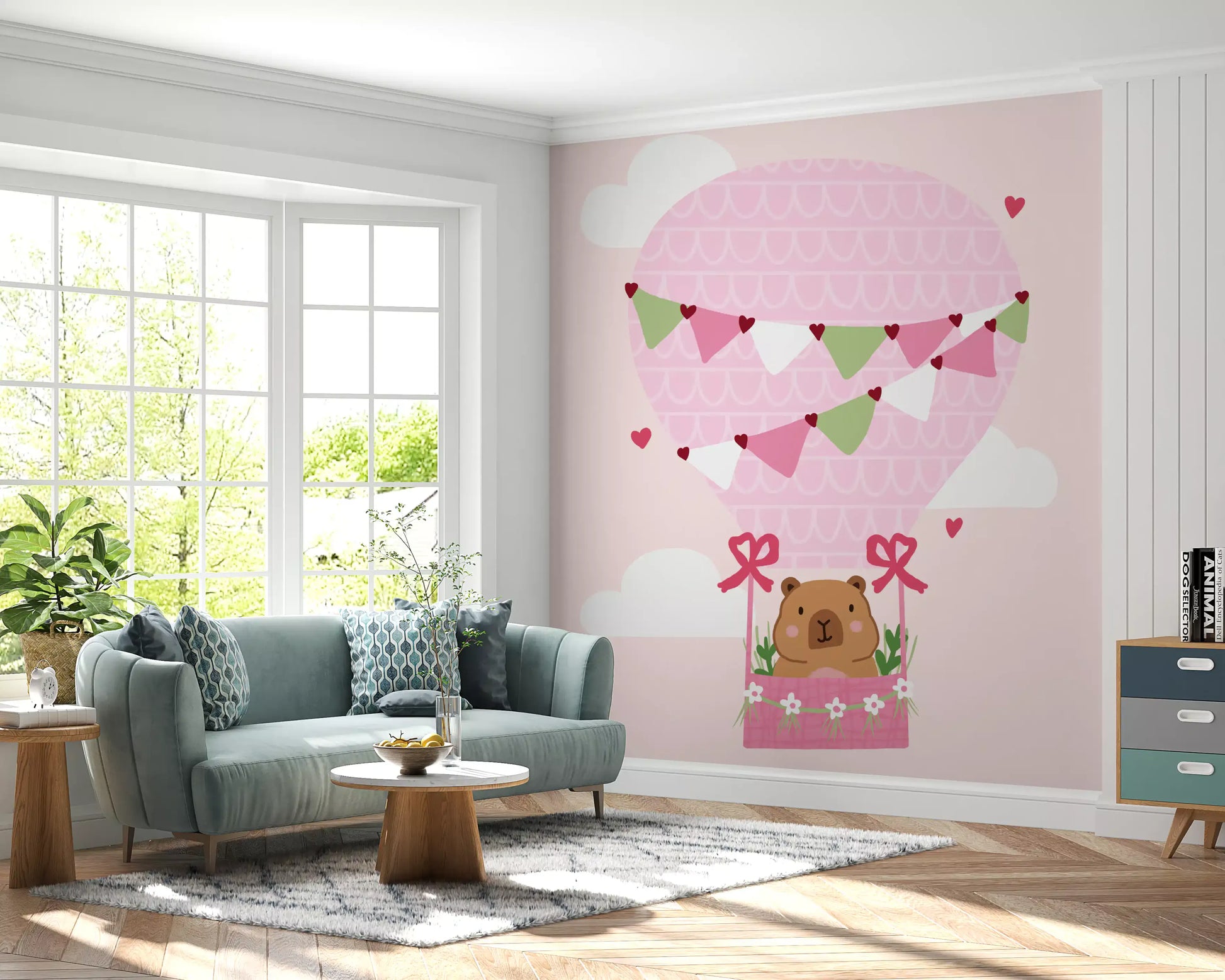 Storybook wall mural with bear character and floating balloon illustration