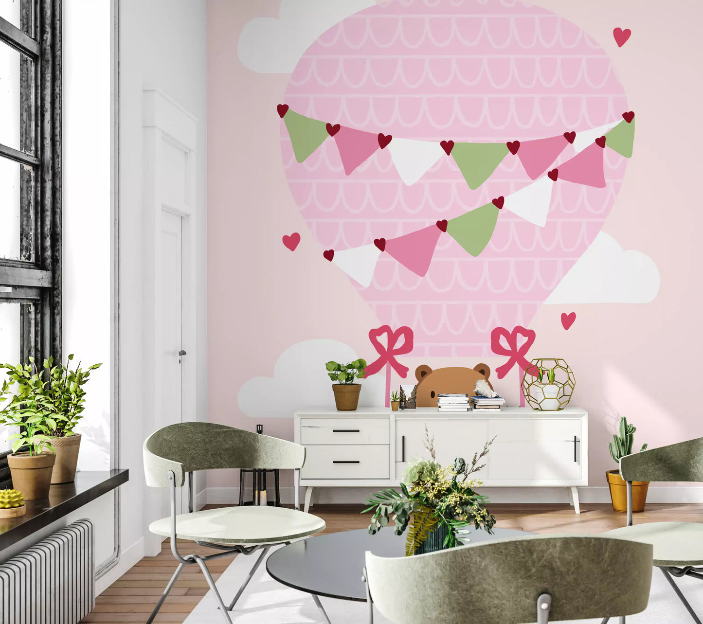 Cafe area wall mural showing Bear Dreams artwork on a blush pink ground