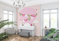 Hot air balloon wall mural showing a cute bear and soft blush background
