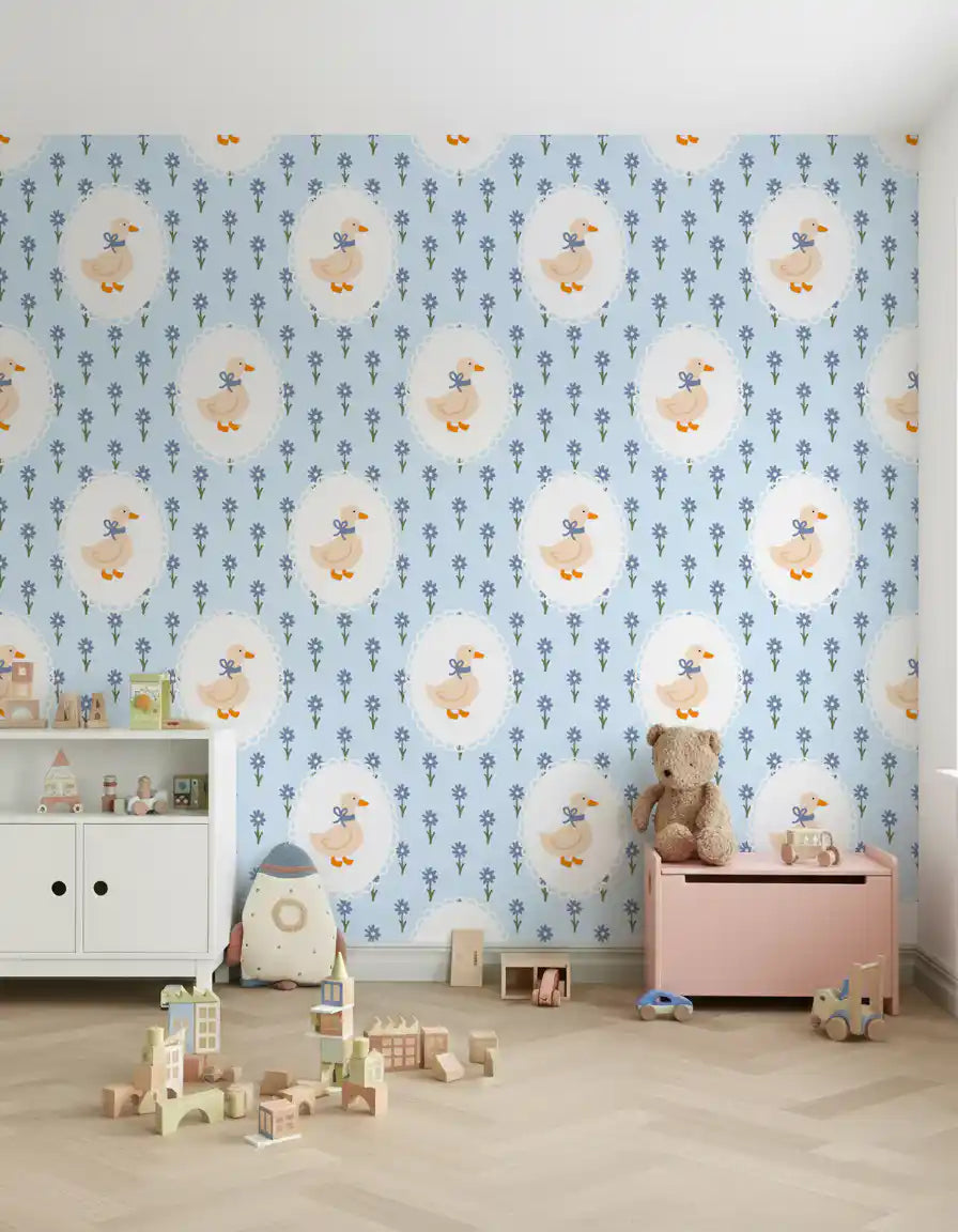 Playroom Blue Cottage Wallpaper with geese and scattered floral stems